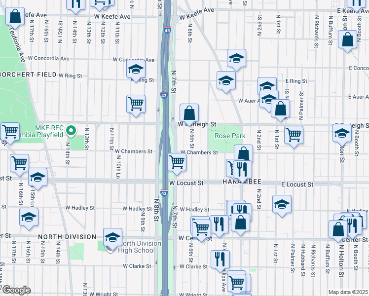 map of restaurants, bars, coffee shops, grocery stores, and more near 3040 North 7th Street in Milwaukee