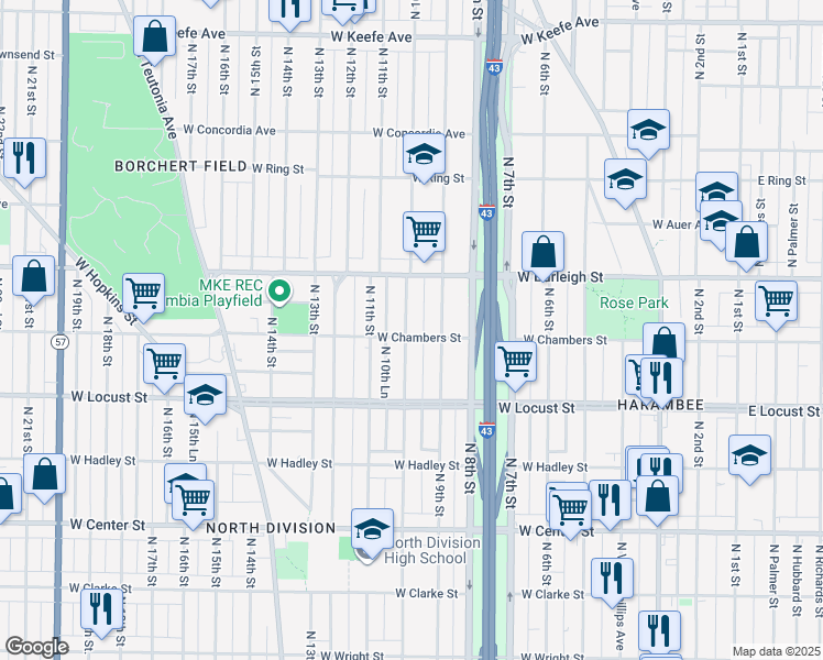 map of restaurants, bars, coffee shops, grocery stores, and more near 3041 North 10th Street in Milwaukee