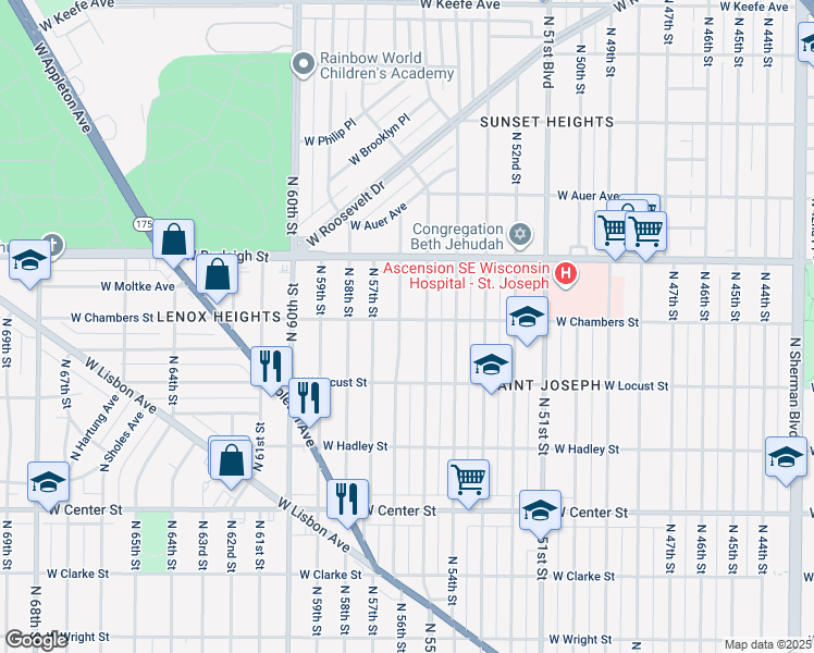 map of restaurants, bars, coffee shops, grocery stores, and more near 3025 North 55th Street in Milwaukee