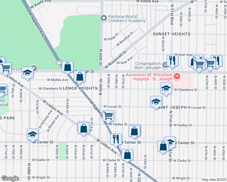 map of restaurants, bars, coffee shops, grocery stores, and more near 3023 North 58th Street in Milwaukee