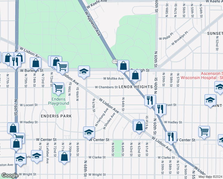 map of restaurants, bars, coffee shops, grocery stores, and more near 6432 West Chambers Street in Milwaukee