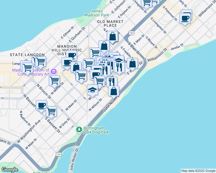 map of restaurants, bars, coffee shops, grocery stores, and more near 111 King Street in Madison