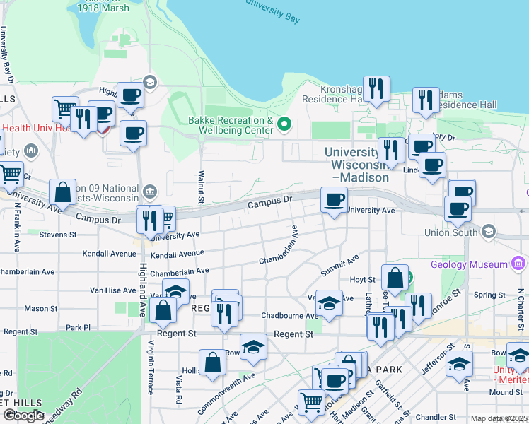 map of restaurants, bars, coffee shops, grocery stores, and more near 420 Paunack Place in Madison