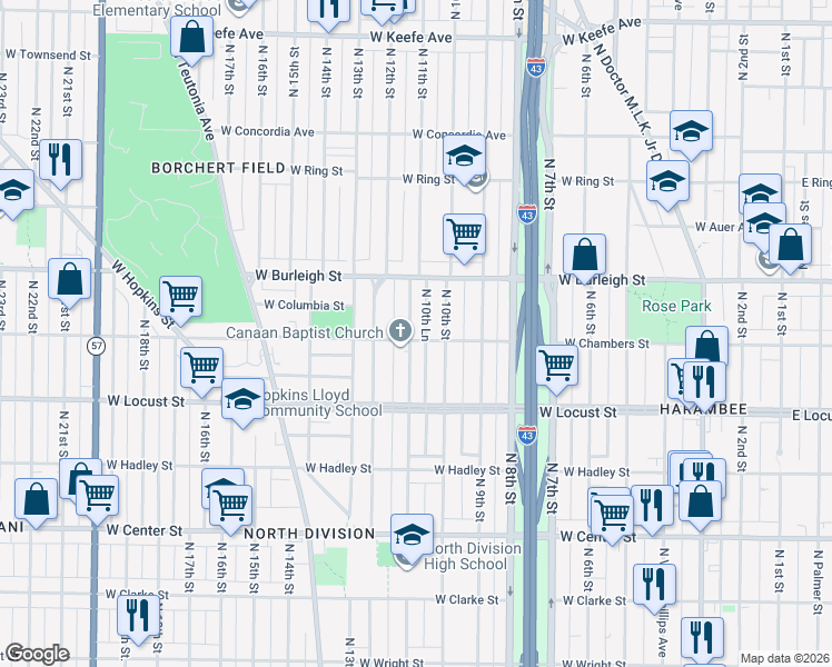 map of restaurants, bars, coffee shops, grocery stores, and more near 3037 North 11th Street in Milwaukee