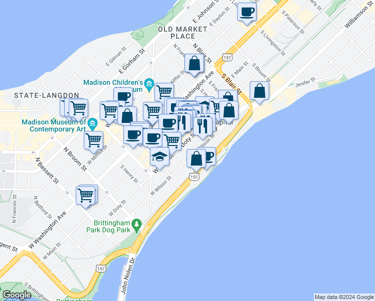 map of restaurants, bars, coffee shops, grocery stores, and more near 215 Martin Luther King Jr Blvd in Madison
