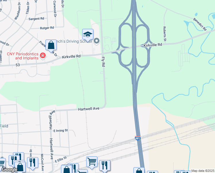map of restaurants, bars, coffee shops, grocery stores, and more near 6260 Fly Road in East Syracuse