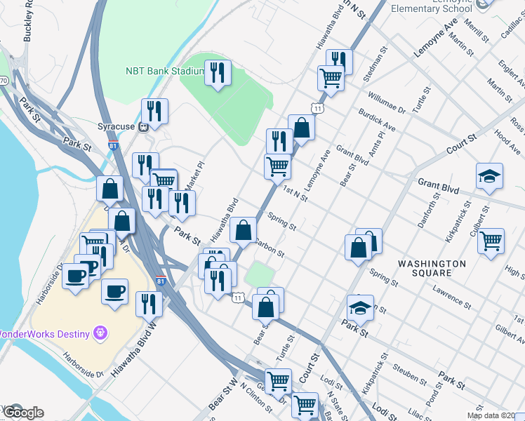 map of restaurants, bars, coffee shops, grocery stores, and more near Spring Street & New York State Bicycle Route 11 in Syracuse