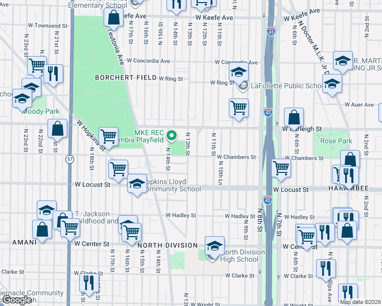 map of restaurants, bars, coffee shops, grocery stores, and more near 1212 West Chambers Street in Milwaukee