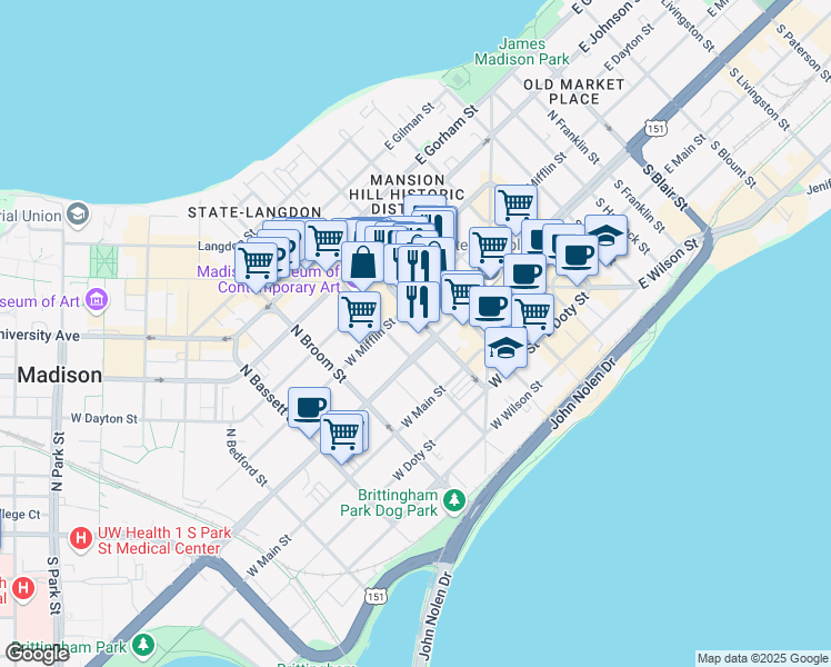map of restaurants, bars, coffee shops, grocery stores, and more near 222 West Washington Avenue in Madison