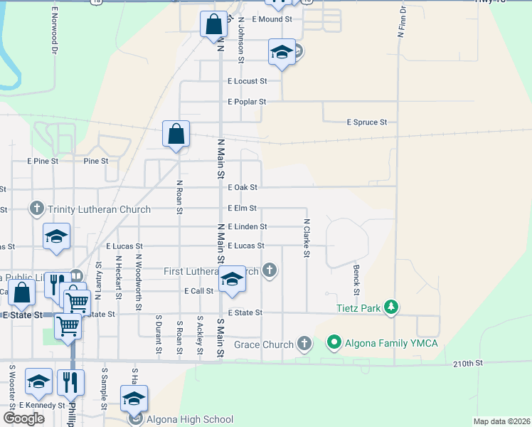 map of restaurants, bars, coffee shops, grocery stores, and more near 1802 East Oak Street in Algona
