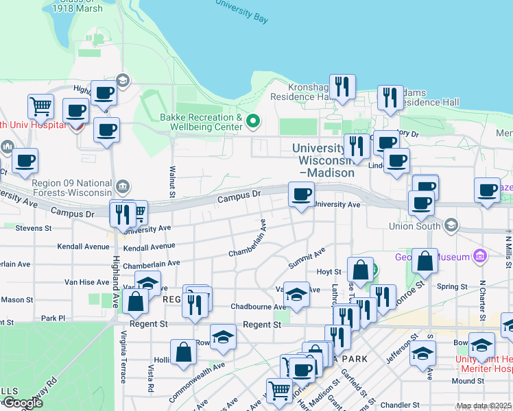 map of restaurants, bars, coffee shops, grocery stores, and more near 404 Chamberlain Avenue in Madison