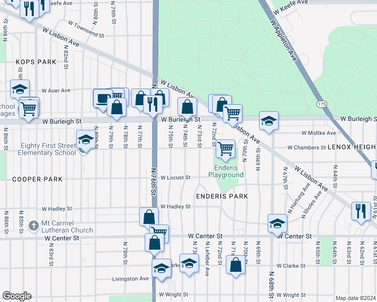 map of restaurants, bars, coffee shops, grocery stores, and more near 2972 North 74th Street in Milwaukee