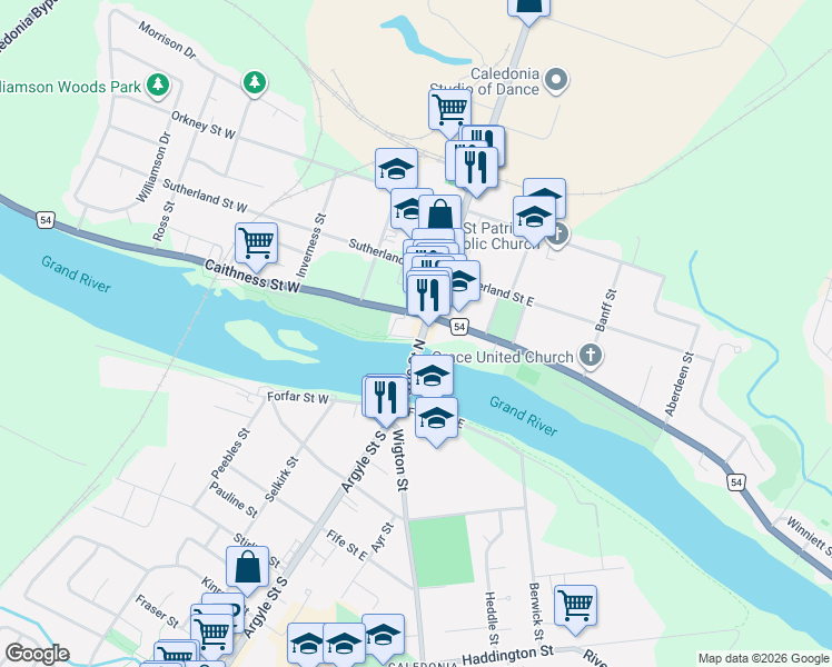 map of restaurants, bars, coffee shops, grocery stores, and more near 9 Argyle Street North in Caledonia
