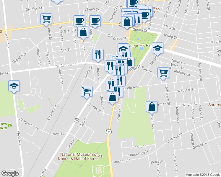 map of restaurants, bars, coffee shops, grocery stores, and more near 25 Lincoln Avenue in Saratoga Springs