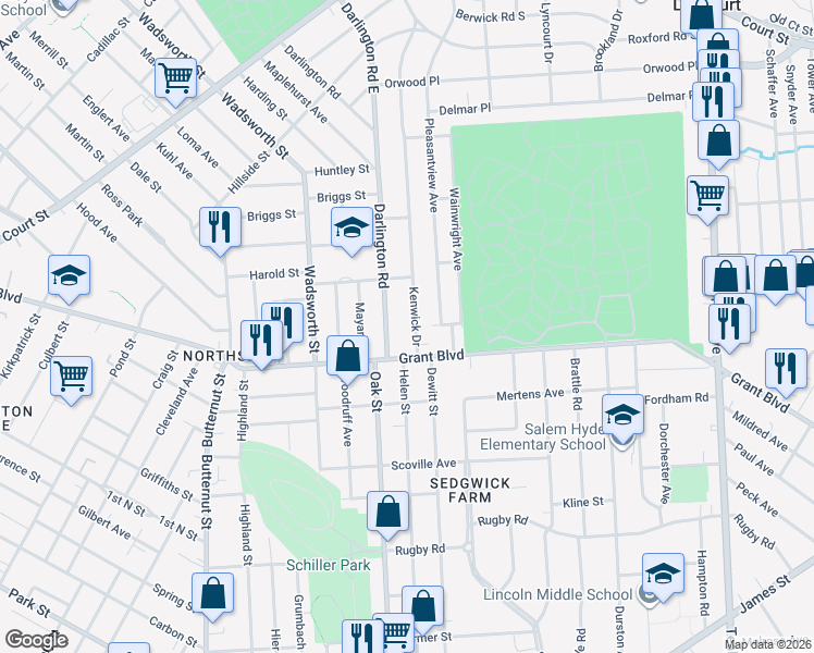 map of restaurants, bars, coffee shops, grocery stores, and more near 115 Kenwick Drive in Syracuse