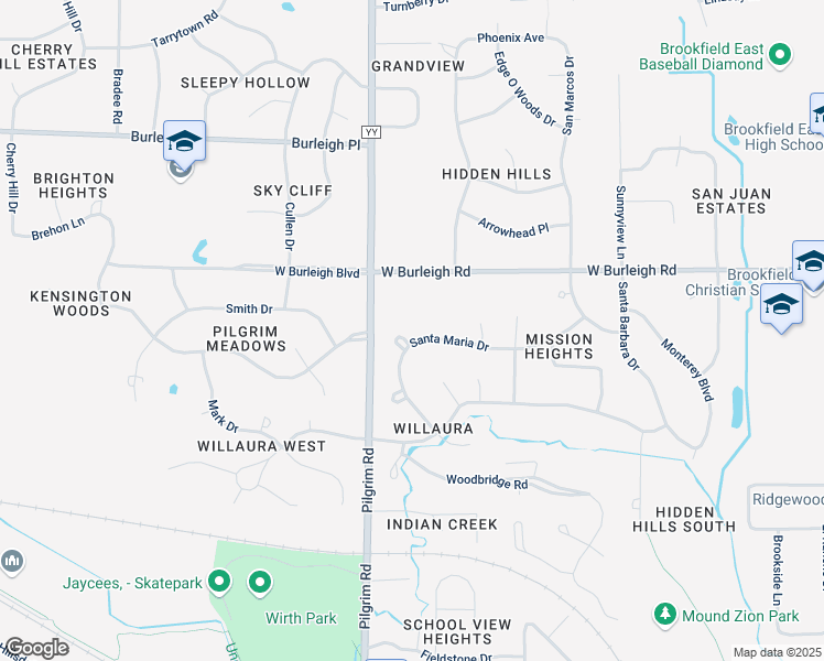 map of restaurants, bars, coffee shops, grocery stores, and more near 15425 West Burleigh Road in Brookfield