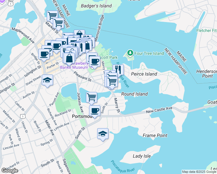map of restaurants, bars, coffee shops, grocery stores, and more near 445 Pleasant Street in Portsmouth