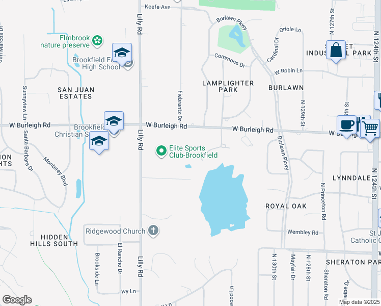 map of restaurants, bars, coffee shops, grocery stores, and more near 13615 West Burleigh Road in Brookfield