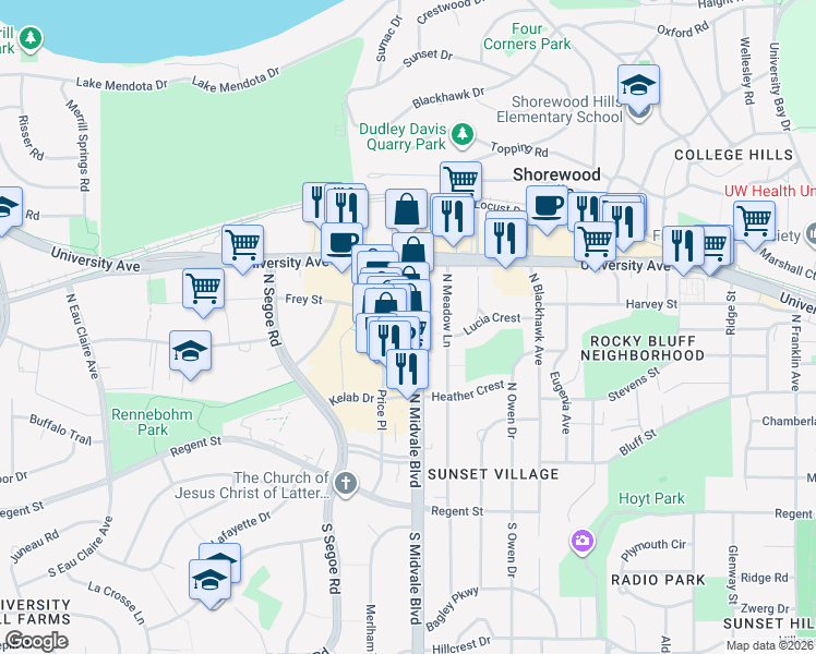 map of restaurants, bars, coffee shops, grocery stores, and more near 717 North Midvale Boulevard in Madison