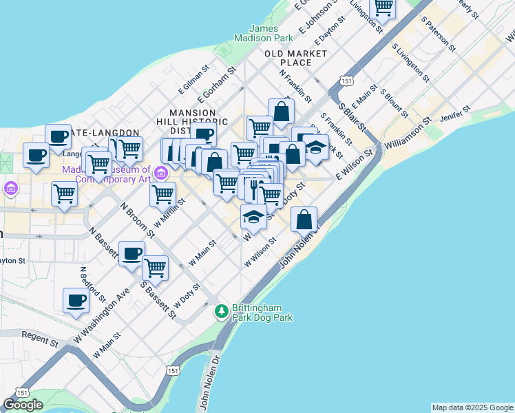 map of restaurants, bars, coffee shops, grocery stores, and more near 100 Martin Luther King Junior Boulevard in Madison