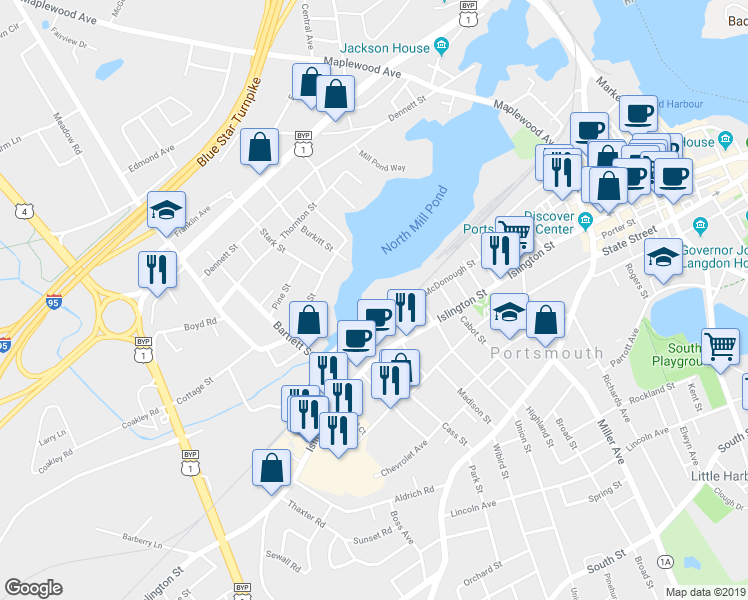 map of restaurants, bars, coffee shops, grocery stores, and more near 105 Bartlett Street in Portsmouth