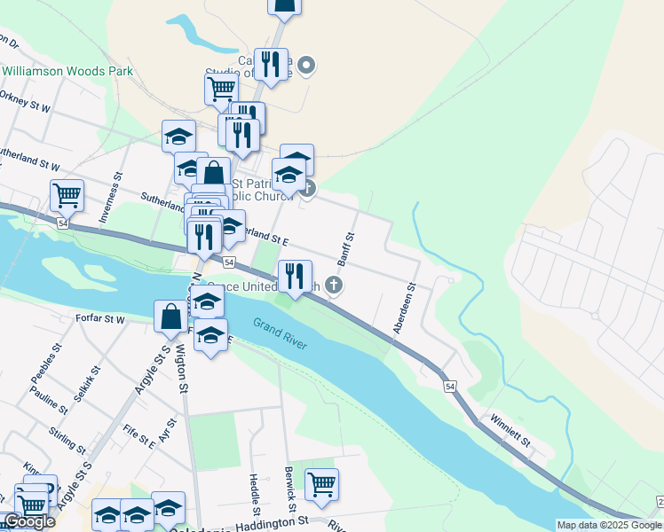 map of restaurants, bars, coffee shops, grocery stores, and more near 65 Banff Street in Caledonia