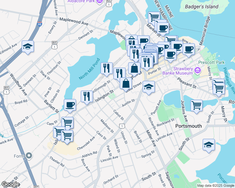 map of restaurants, bars, coffee shops, grocery stores, and more near 180 Islington Street in Portsmouth