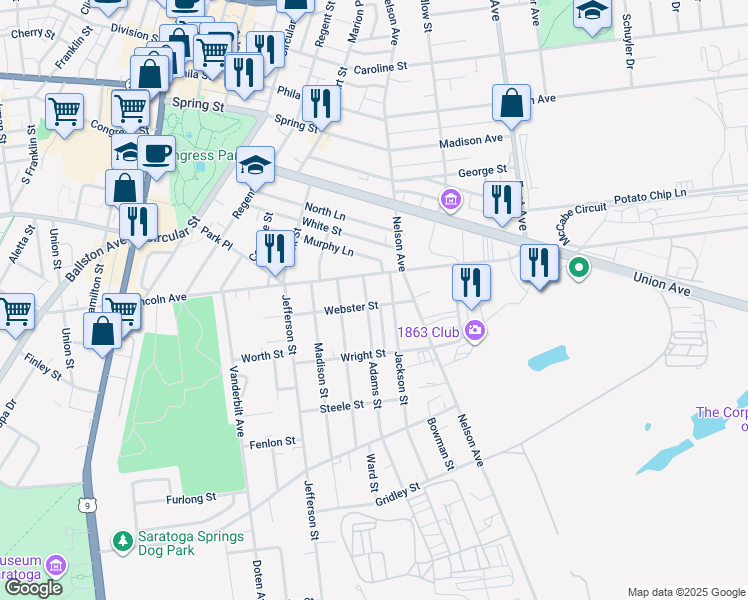 map of restaurants, bars, coffee shops, grocery stores, and more near 136 Lincoln Avenue in Saratoga Springs