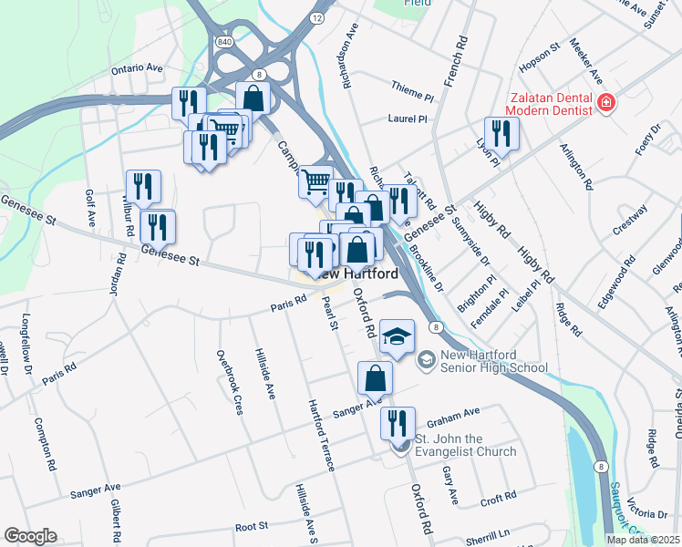 map of restaurants, bars, coffee shops, grocery stores, and more near in New Hartford