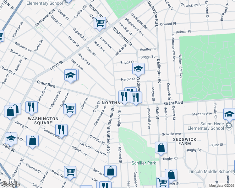 map of restaurants, bars, coffee shops, grocery stores, and more near 163 Greenland Drive in Syracuse