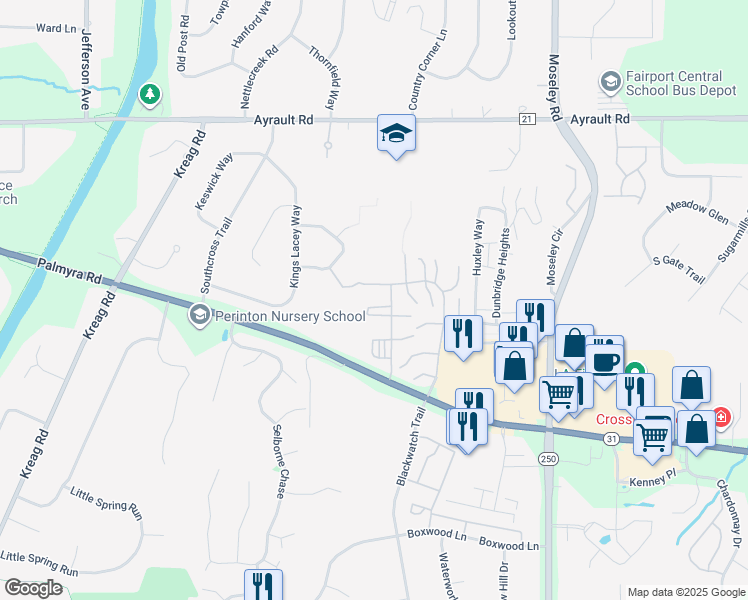 map of restaurants, bars, coffee shops, grocery stores, and more near 112 Manorshire Drive in Fairport
