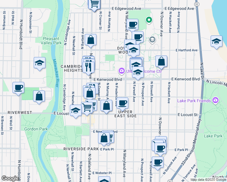map of restaurants, bars, coffee shops, grocery stores, and more near 3054 North Murray Avenue in Milwaukee