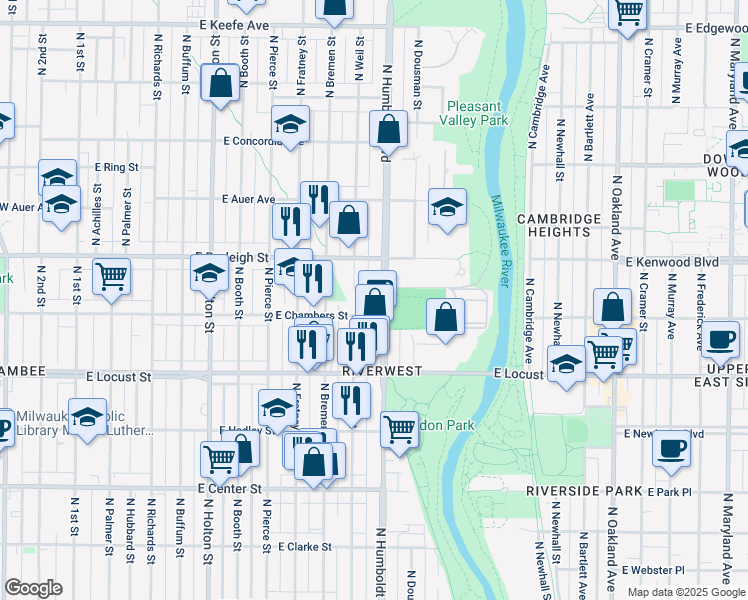 map of restaurants, bars, coffee shops, grocery stores, and more near 3053 North Humboldt Boulevard in Milwaukee