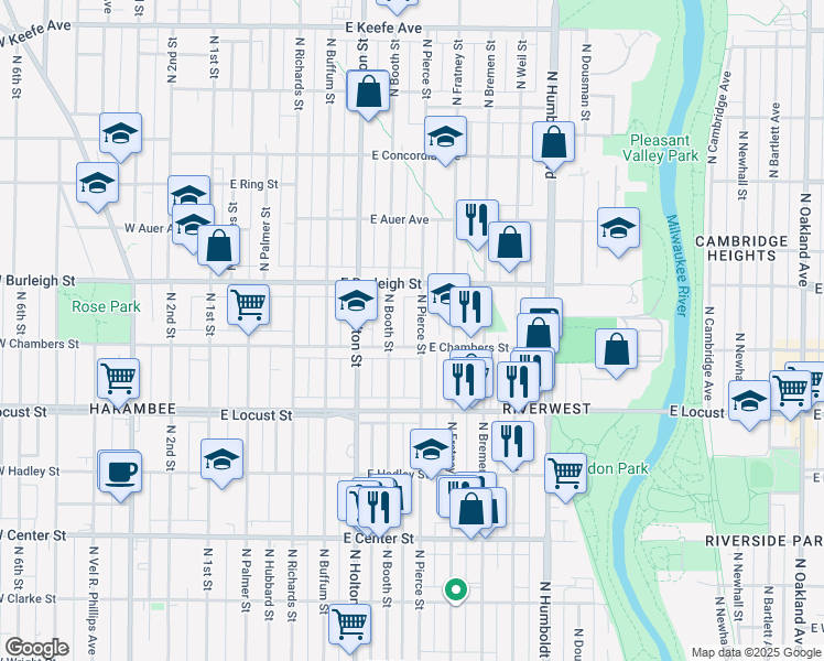 map of restaurants, bars, coffee shops, grocery stores, and more near 3049 North Pierce Street in Milwaukee