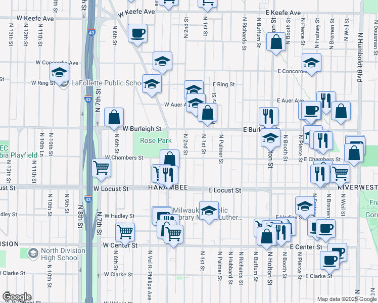 map of restaurants, bars, coffee shops, grocery stores, and more near 3042 North 2nd Street in Milwaukee