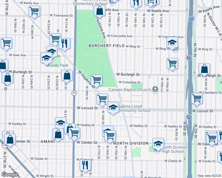 map of restaurants, bars, coffee shops, grocery stores, and more near 3038 North Teutonia Avenue in Milwaukee