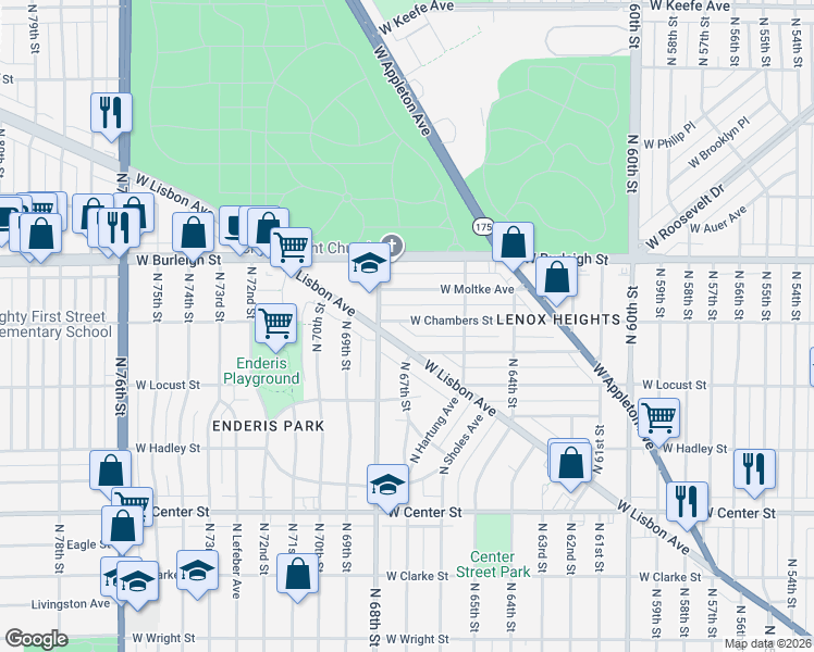 map of restaurants, bars, coffee shops, grocery stores, and more near 6703 A West Moltke Avenue in Milwaukee