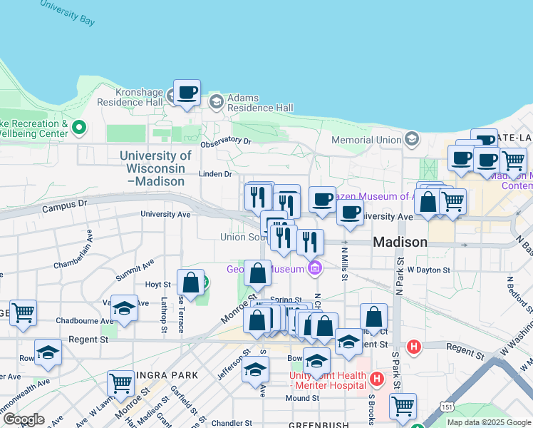 map of restaurants, bars, coffee shops, grocery stores, and more near 1390 University Avenue in Madison