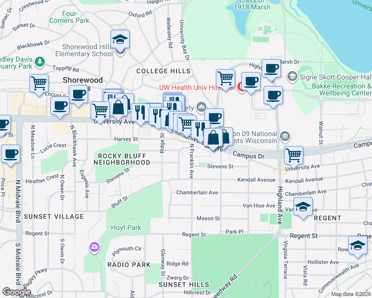 map of restaurants, bars, coffee shops, grocery stores, and more near 2825 University Avenue in Madison