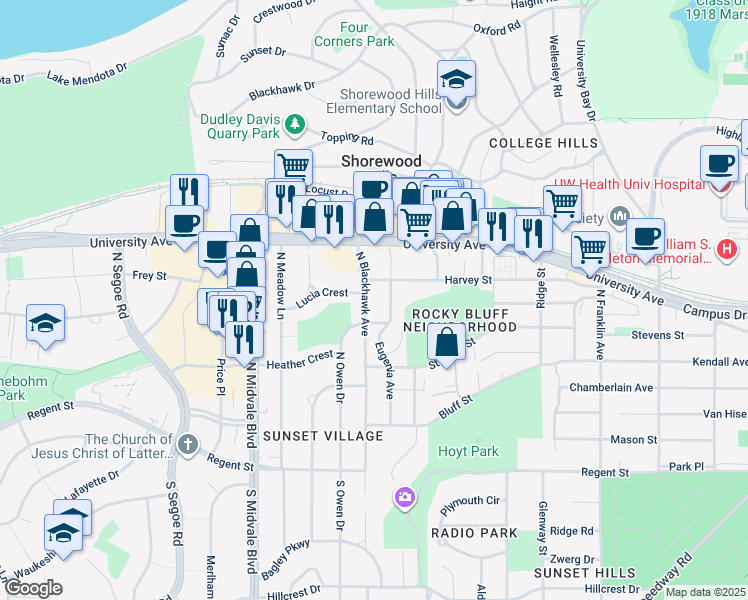map of restaurants, bars, coffee shops, grocery stores, and more near 620 North Blackhawk Avenue in Madison