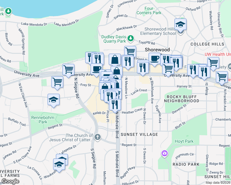 map of restaurants, bars, coffee shops, grocery stores, and more near 717 North Midvale Boulevard in Madison