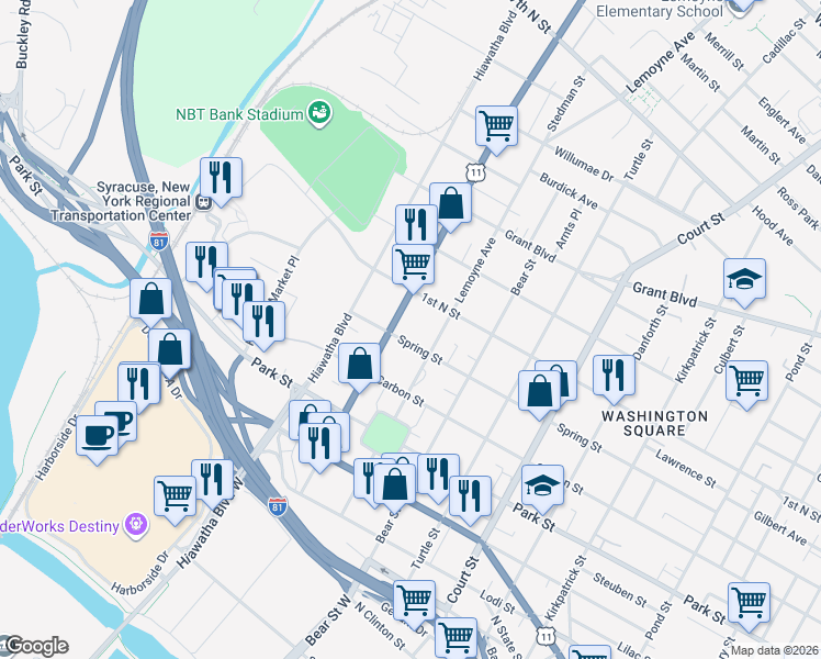 map of restaurants, bars, coffee shops, grocery stores, and more near 509 Wolf Street in Syracuse