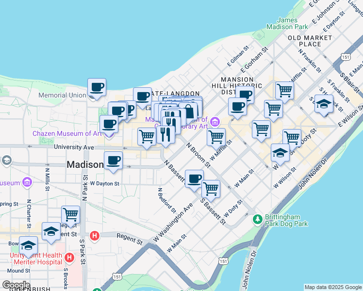 map of restaurants, bars, coffee shops, grocery stores, and more near 412 West Johnson Street in Madison