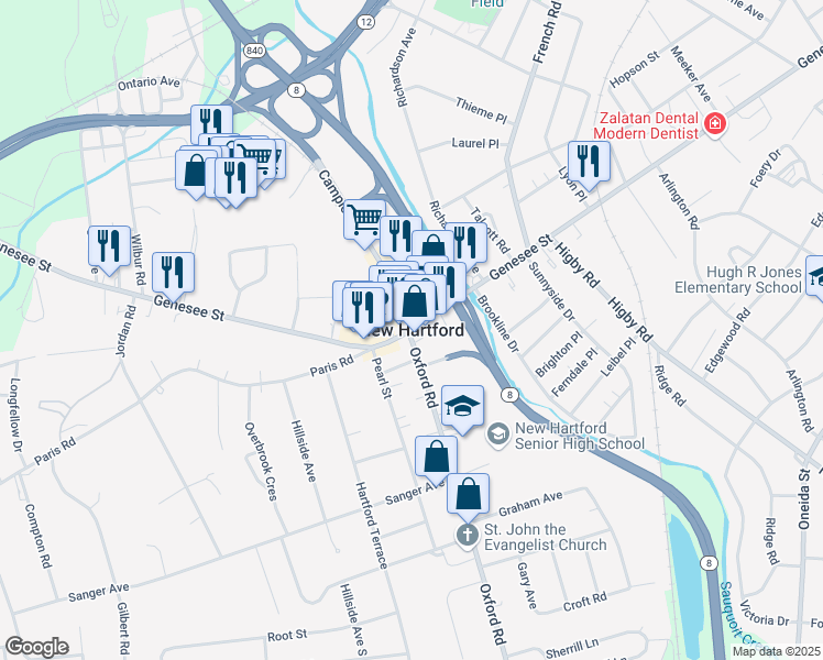 map of restaurants, bars, coffee shops, grocery stores, and more near in New Hartford