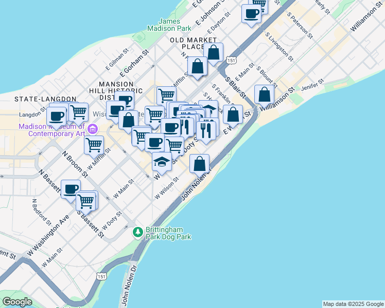 map of restaurants, bars, coffee shops, grocery stores, and more near 111 King Street in Madison