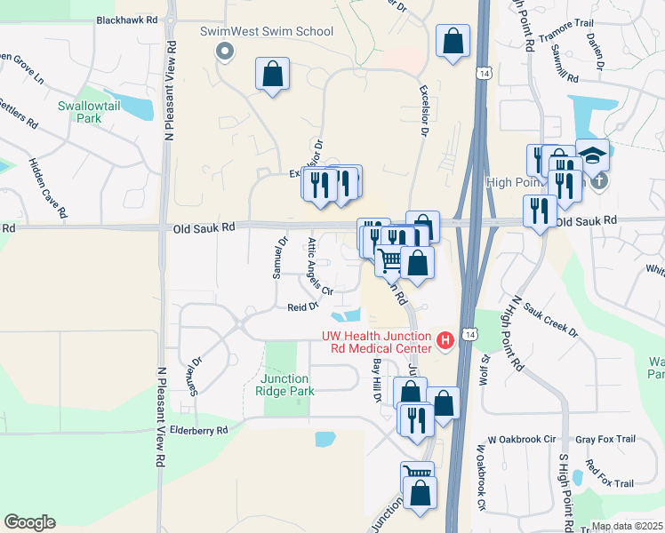 map of restaurants, bars, coffee shops, grocery stores, and more near 8301 Old Sauk Road in Middleton