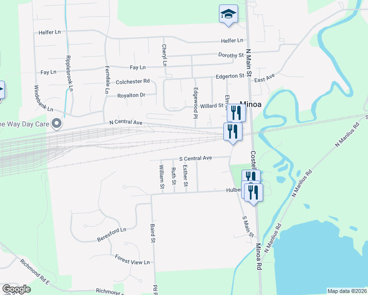 map of restaurants, bars, coffee shops, grocery stores, and more near 216 South Central Avenue in Minoa