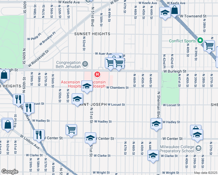 map of restaurants, bars, coffee shops, grocery stores, and more near W Chambers St & N 49th St in Milwaukee