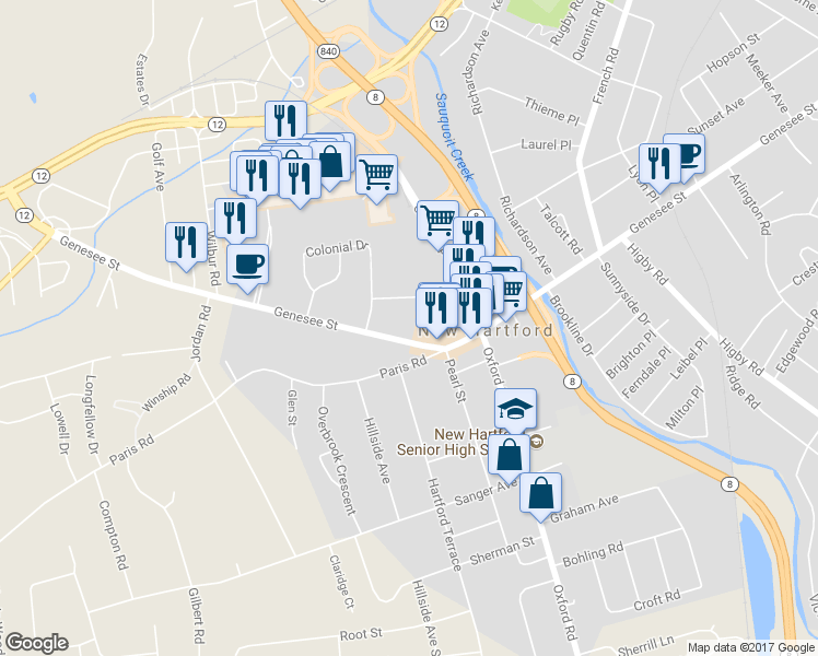 map of restaurants, bars, coffee shops, grocery stores, and more near 78 Genesee Street in New Hartford