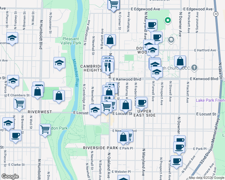 map of restaurants, bars, coffee shops, grocery stores, and more near 3049 North Oakland Avenue in Milwaukee